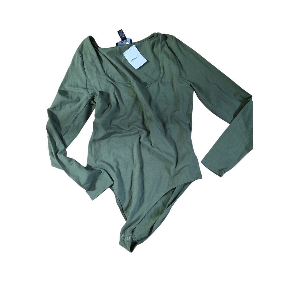 Forever 21 Womens Olive Green Square Neck Long Sleeve Bodysuit Size 1X NWT